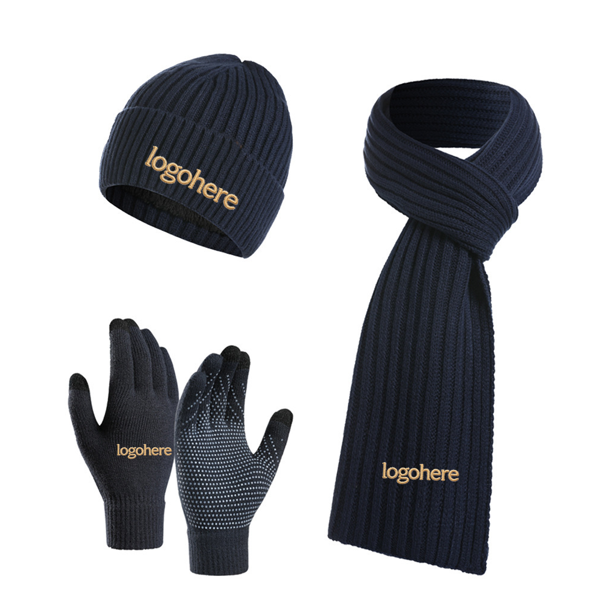 MOQ 10 Embroidered Cold Weather Combo, Beanie Scarf Touch Gloves 3