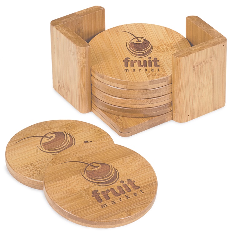 3 3/4" Bamboo Round 6-Coaster Set with Holder 2