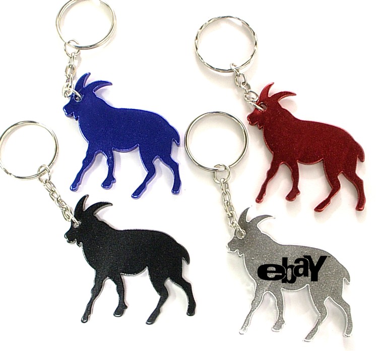 Goat shape bottle opener with key chain.