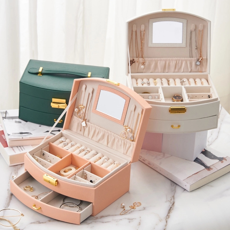 Custom 2-Layer PU Jewelry Organizer Box with Drawer & Mirror 11