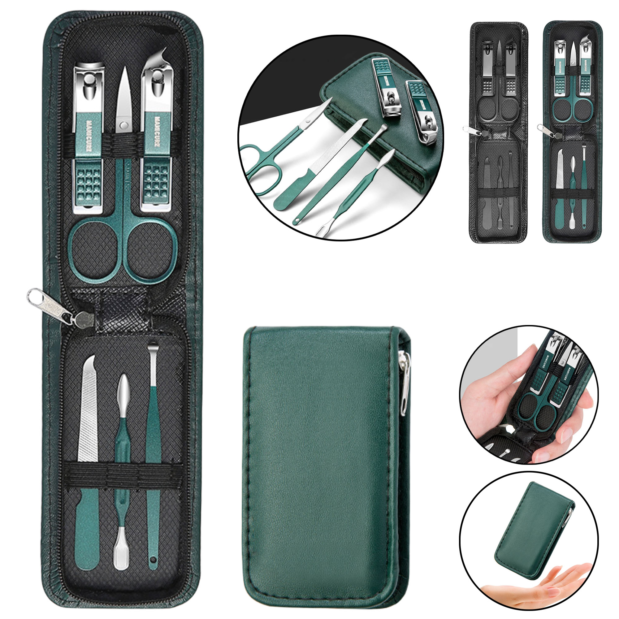Portable Dark Green Nail Clipper Set 6-Piece Manicure Kit with PU Leather Case 2