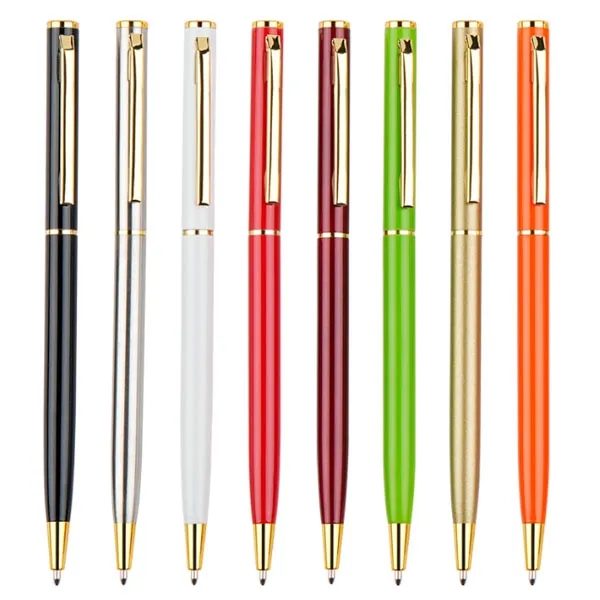 Slim Metal Hotel Ballpoint Pen w/ Gold Trim 4