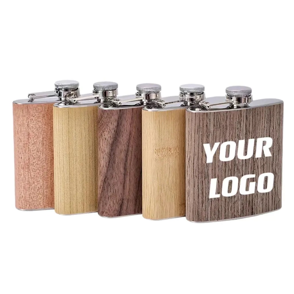 Custom 6 oz Wood Grain Stainless Steel Liquor Flask 2