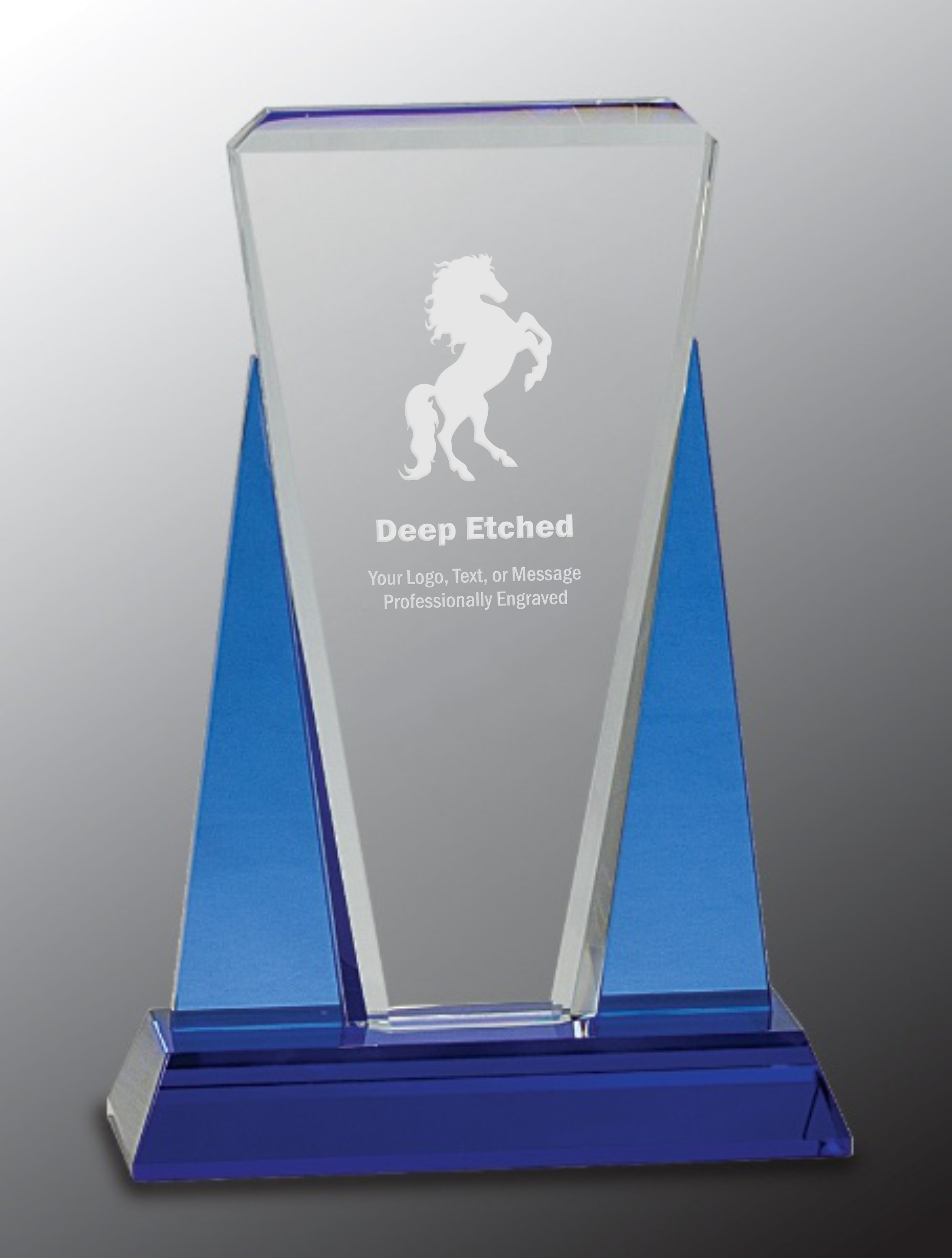 6" x 8 1/2" Blue/Clear Wedge Crystal Award on Blue Pedestal Base