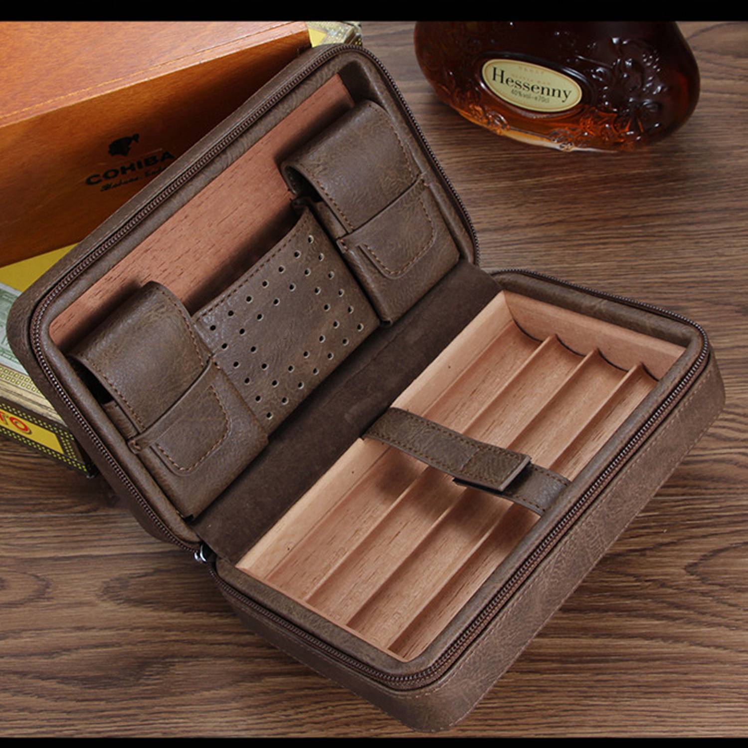 PU Leather Travel Cigar Humidor Zipper Case 6