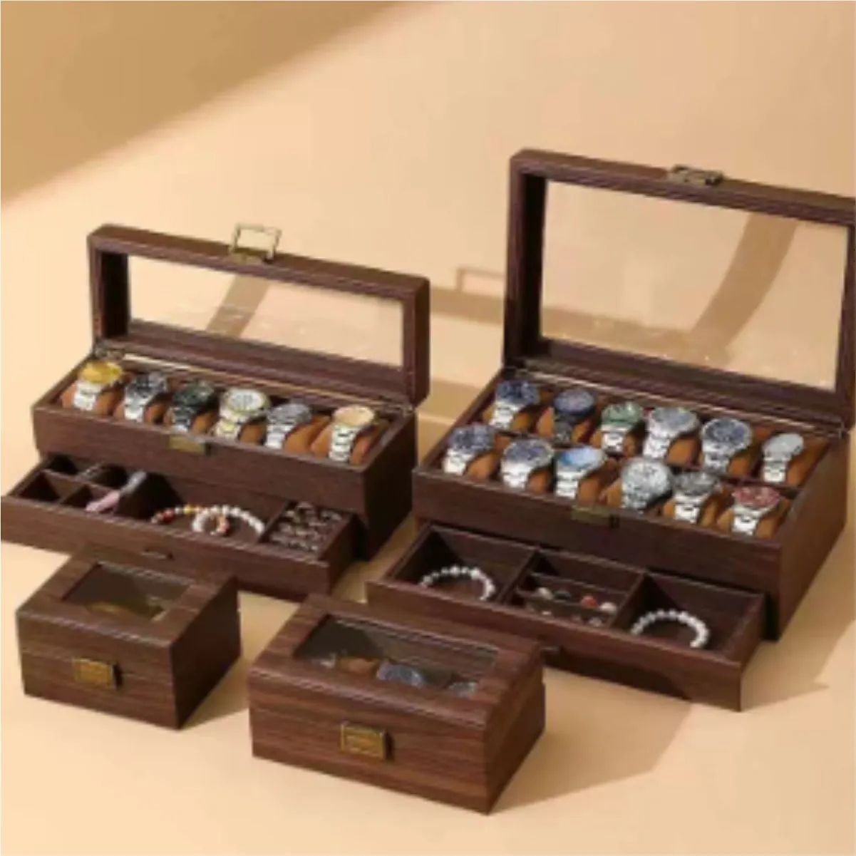 Vintage Wood Grain PU Two Slot Watch Box With Window Watch Box PU Leather Lockable Watch Storage Box 5