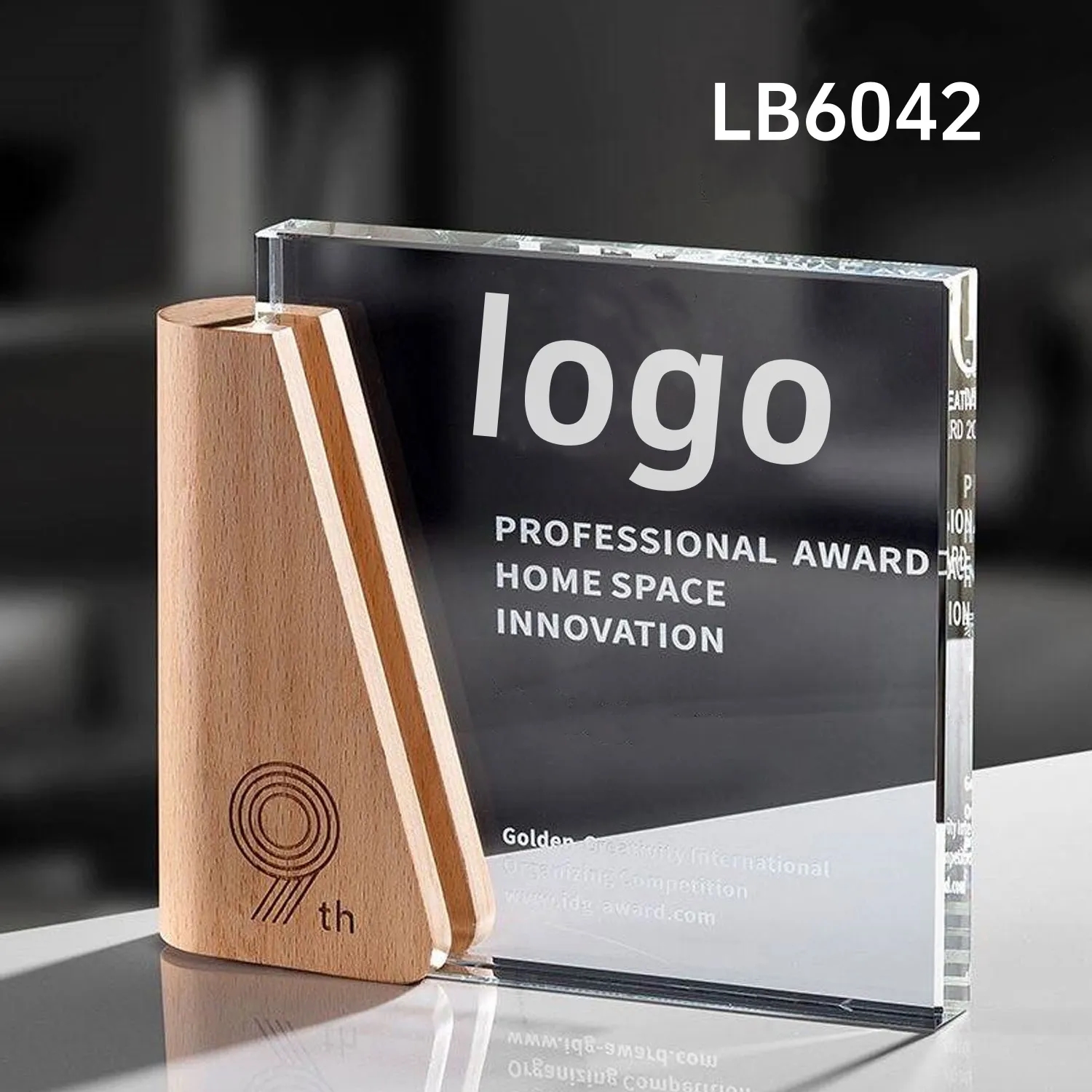 Engraved Custom Crystal Glass Trophy Award with Wooden Base 3