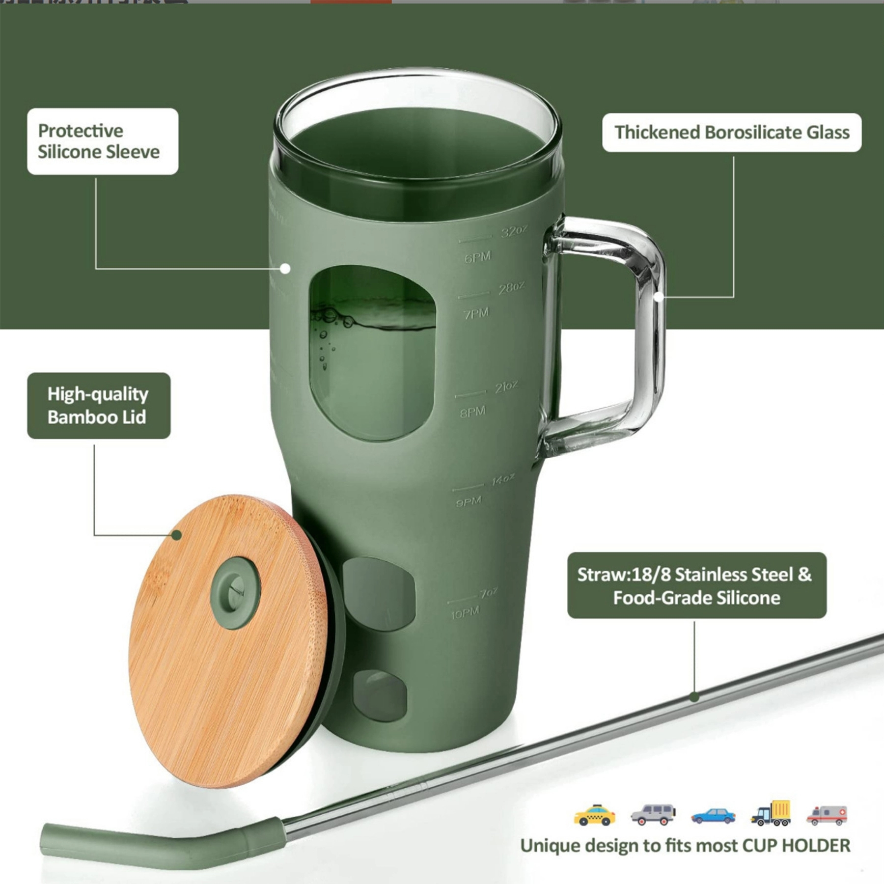32oz Glass Cup w/ Silicone Cover 2