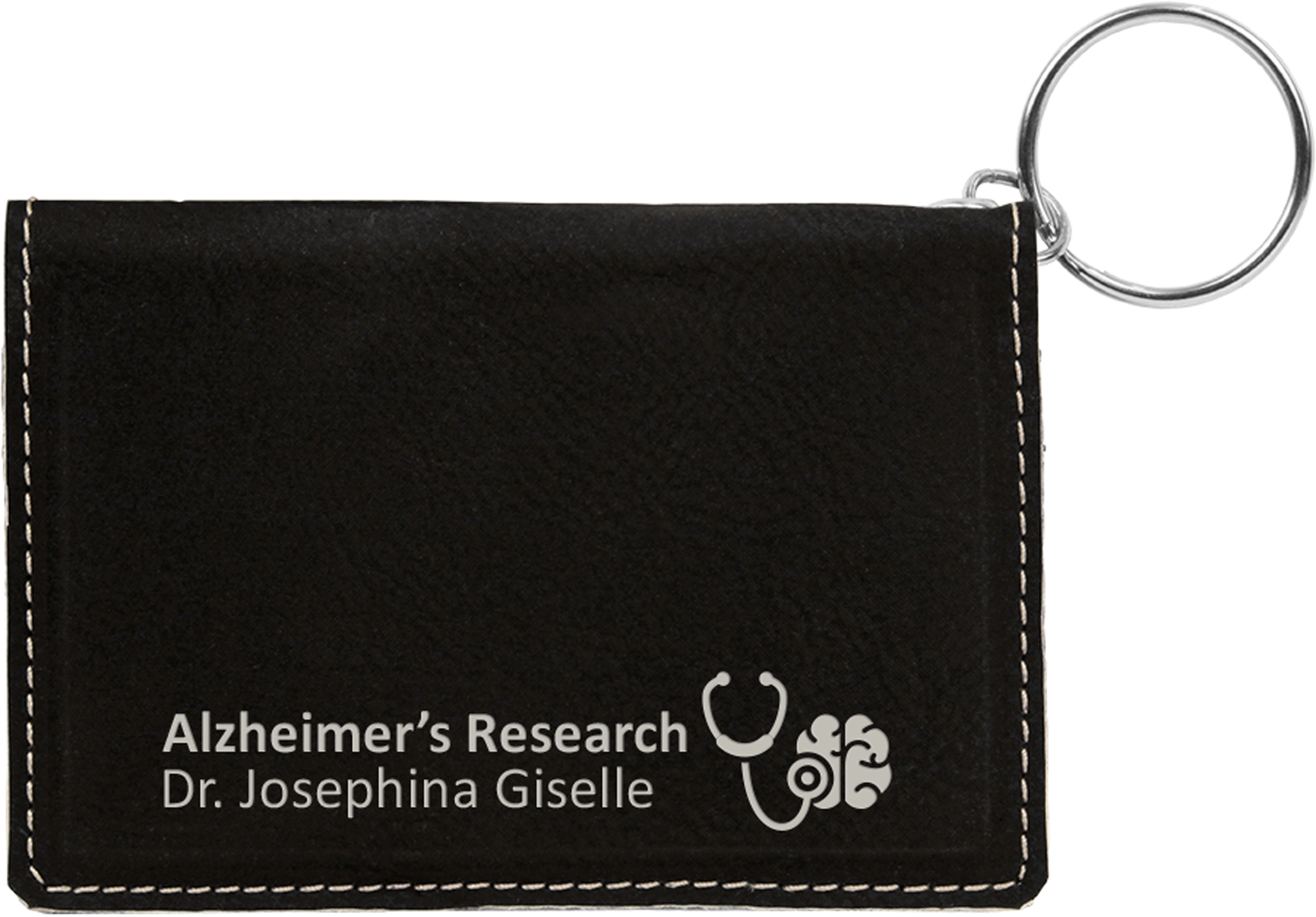 Black/Silver Laserable Leatherette Keychain ID Holder 1