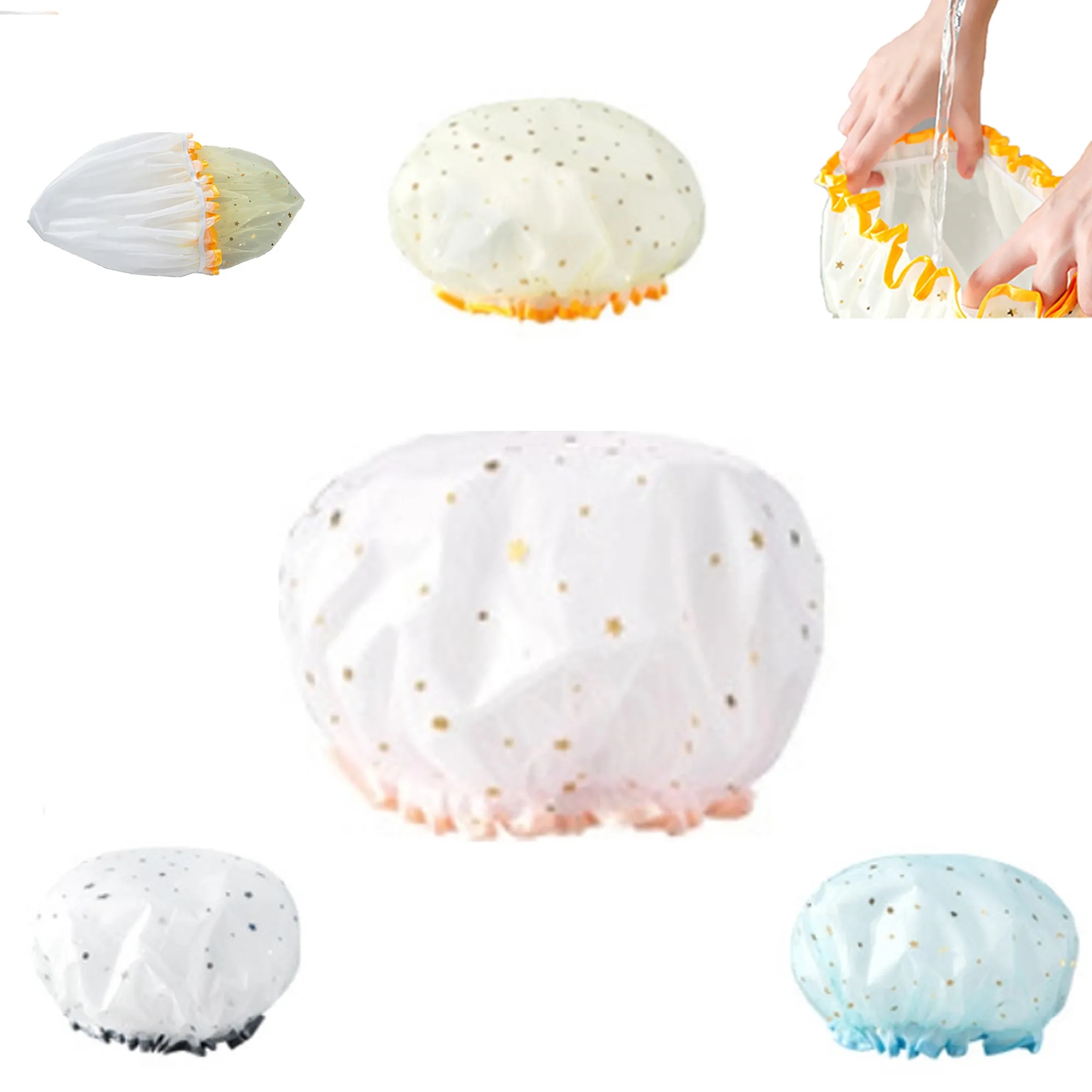 MOQ50 Cute Double-Layer Mesh Eva Shower Cap 2