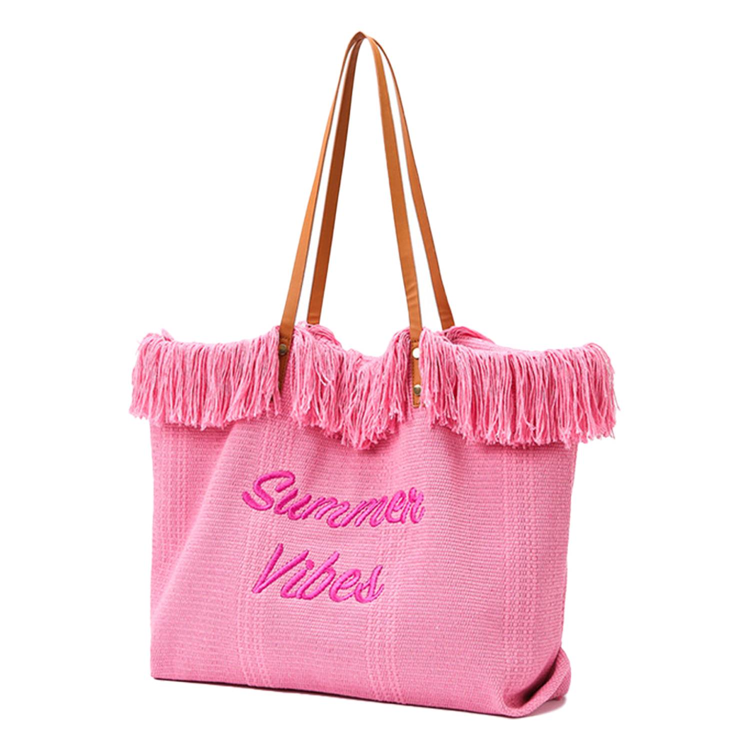 Women Large Beach Canvas Tote Bag Summer Vibes Tassel 15
