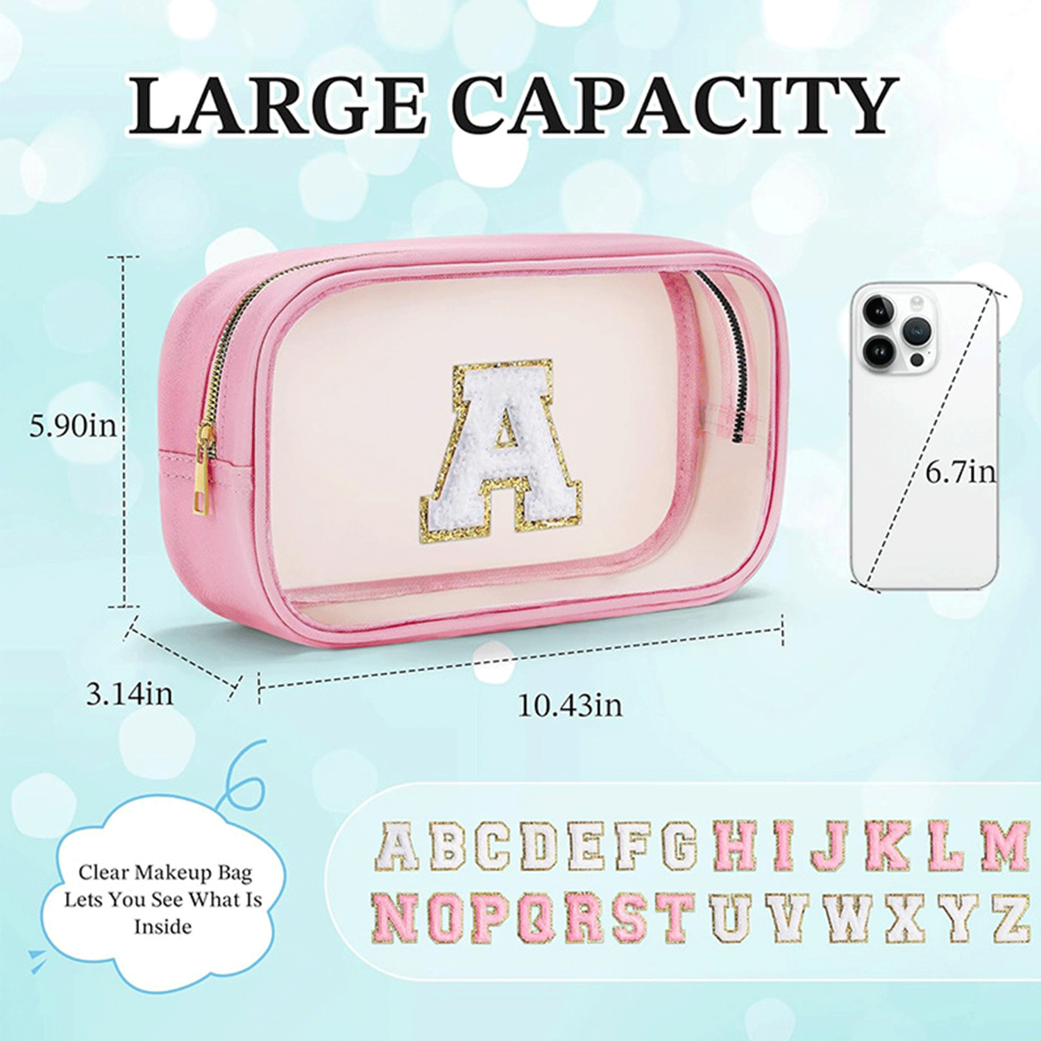 PVC and PU Leather Clear Makeup Bag W/ Initial Letter 7
