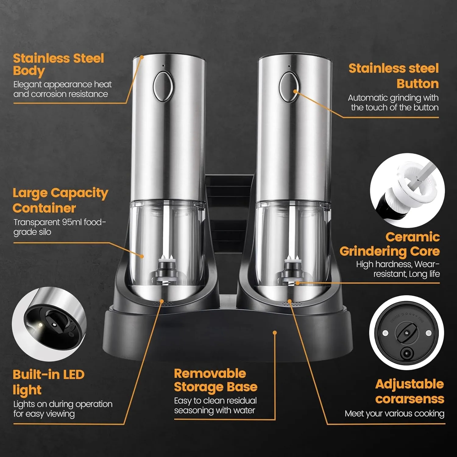 Upgraded Rechargeable Electric Salt and Pepper Grinder Set 3