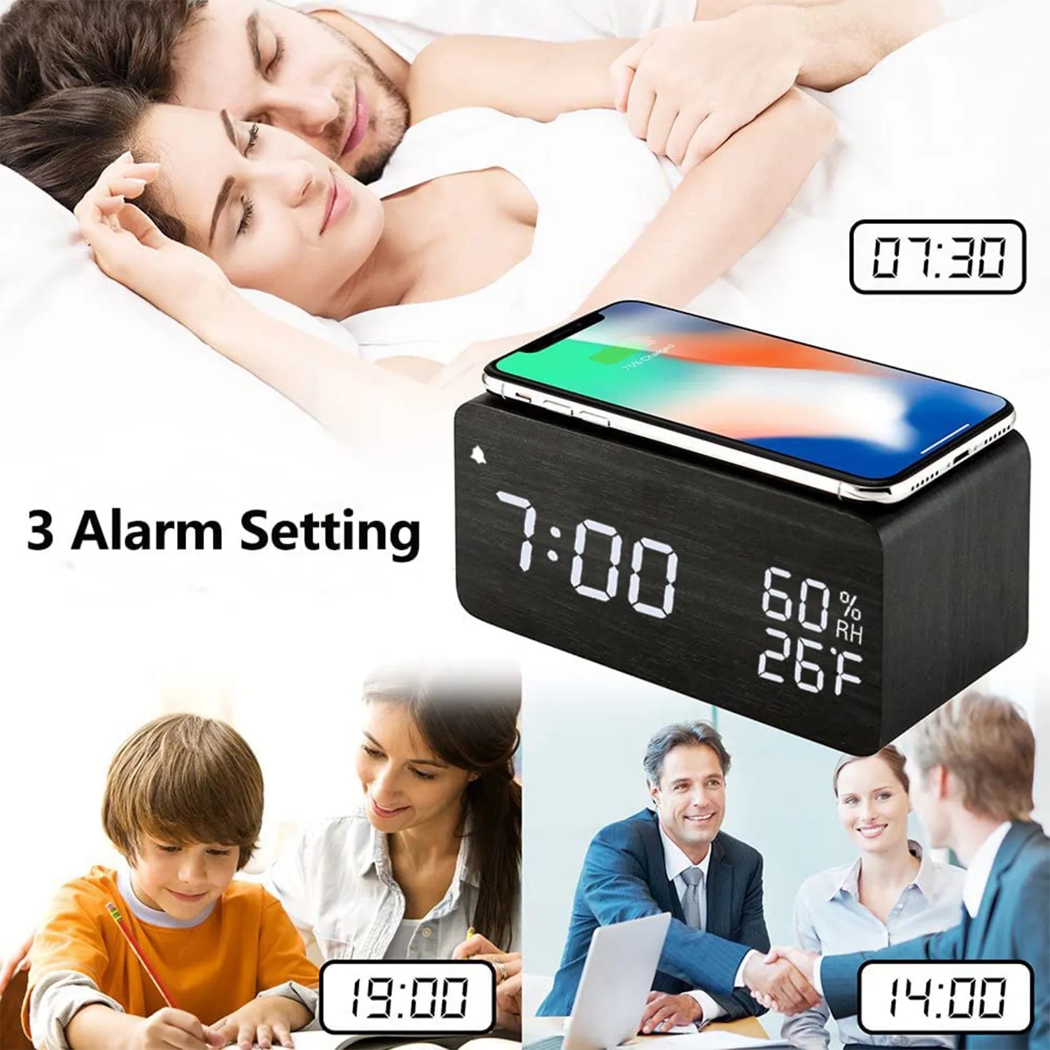 Wooden Digital Alarm Clock With Wireless Charging 3