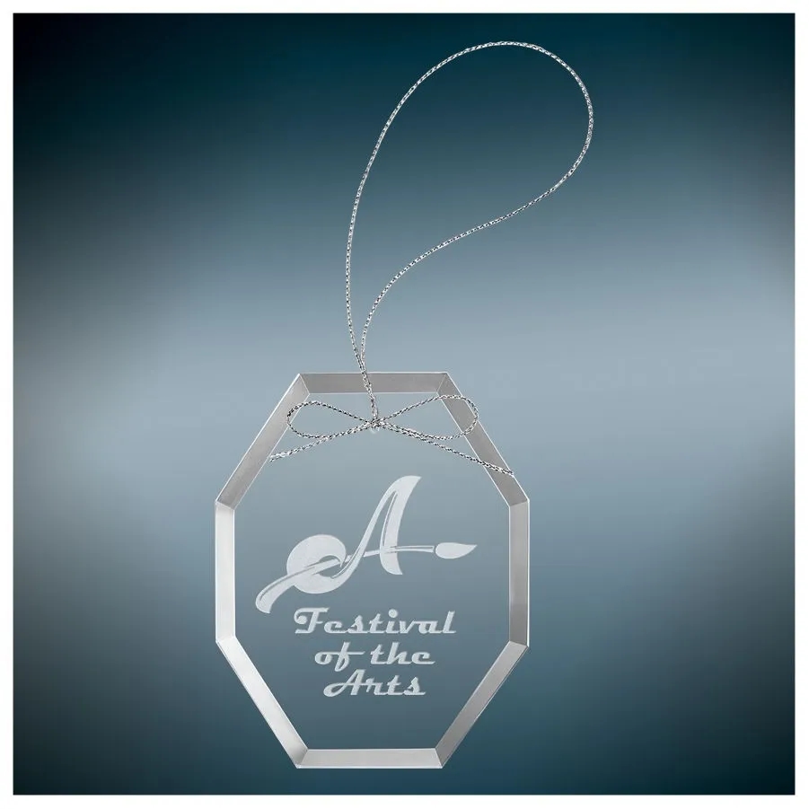 3 3/4" Octagon Clear Glass Ornament w/Silver String 2