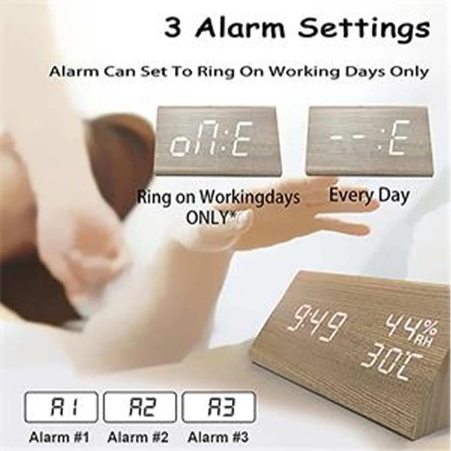 Humidity Temperature Wood Alarm Clock 3