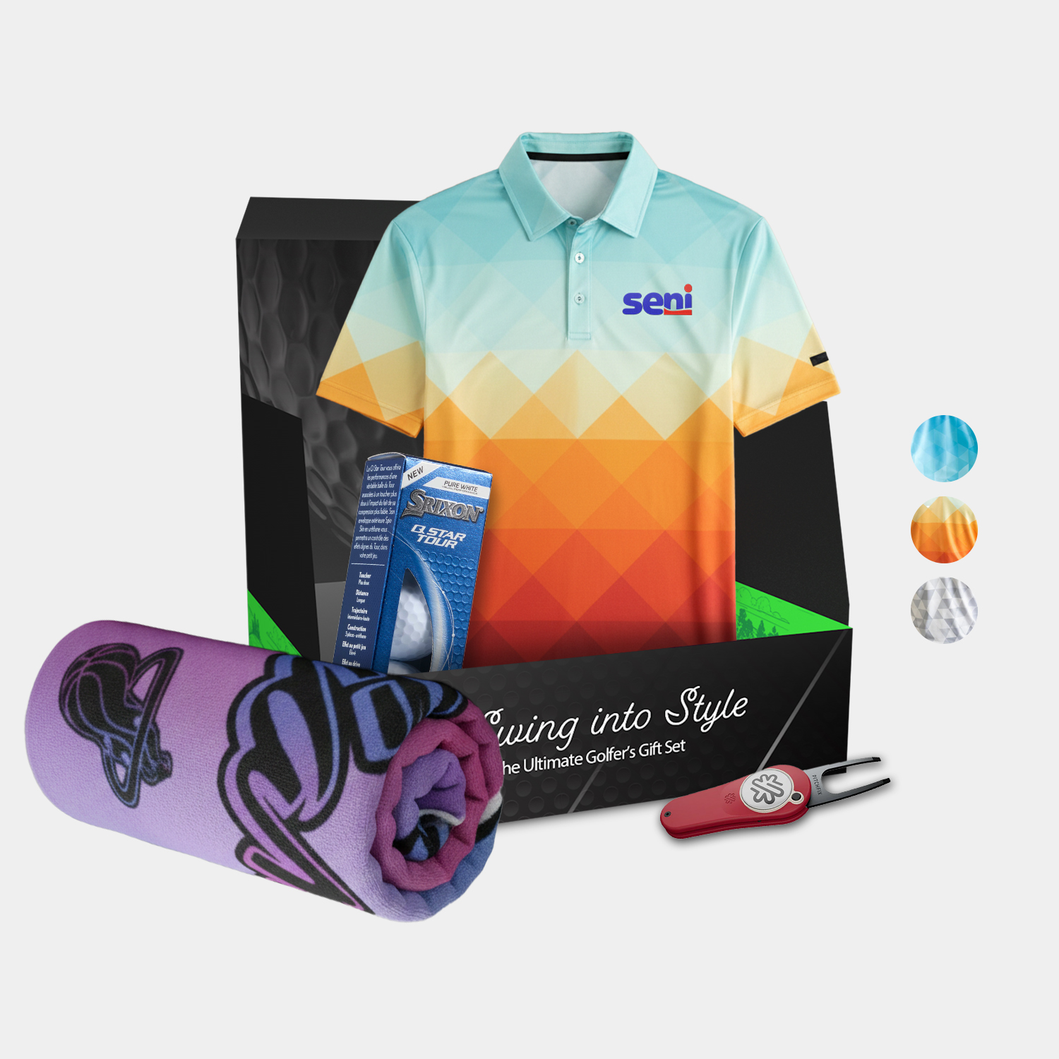 YATTA Golf® Abstract Men's Polo Shirt, Towel, Srixon® Golf Balls & Pitchfix® Icon Divot Tool Gift Set 2