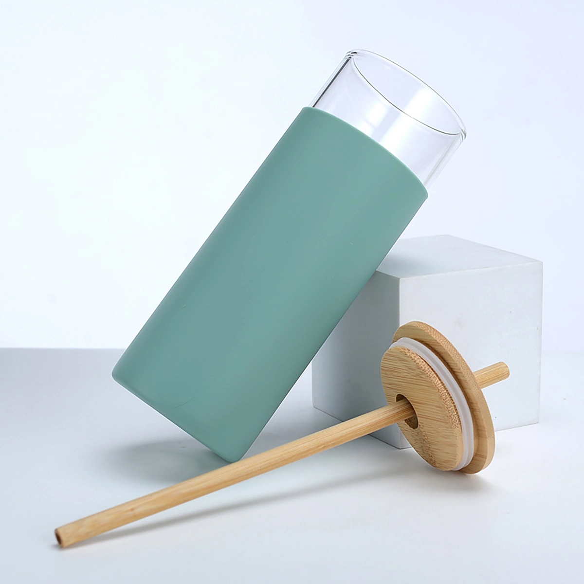 Glass Tumbler Straw Silicone Protective Sleeve Bamboo Lid 3