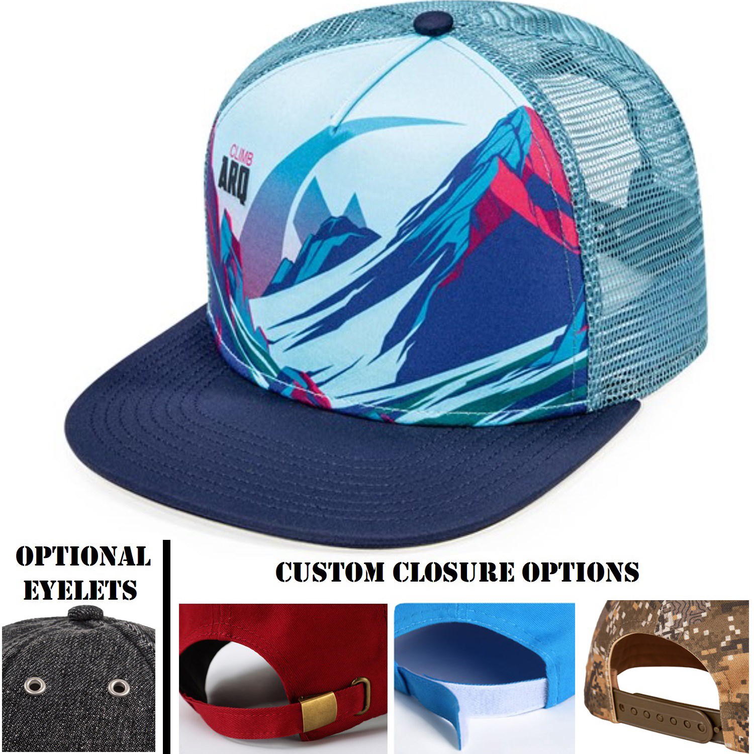 Flat bill trucker mesh cap w/ sublimated crown 3