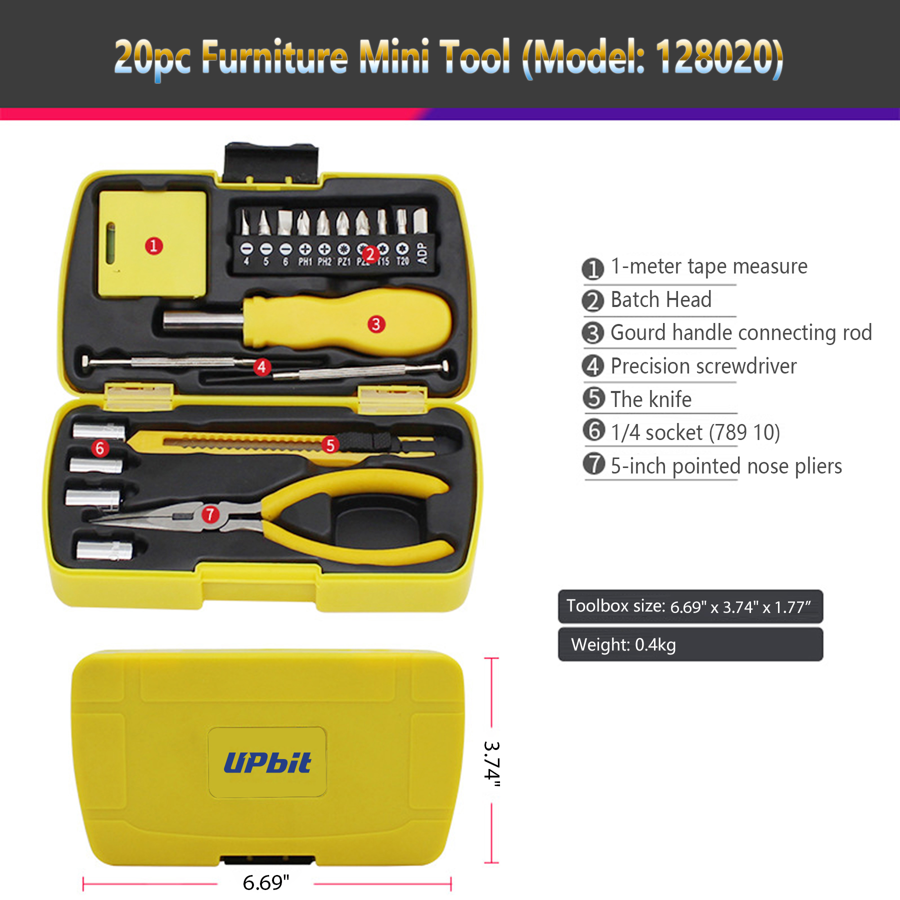 HandyPro 20pc Mini Furniture Tool Set with Precision Screwdriver, Knife, and Pliers 1
