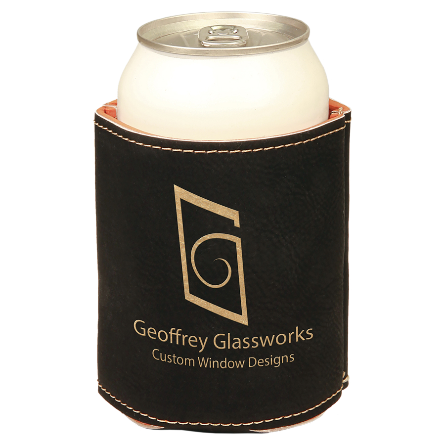 3 3/4" Black/Gold Leatherette Beverage Holder, custom koozie with logo imprint 2