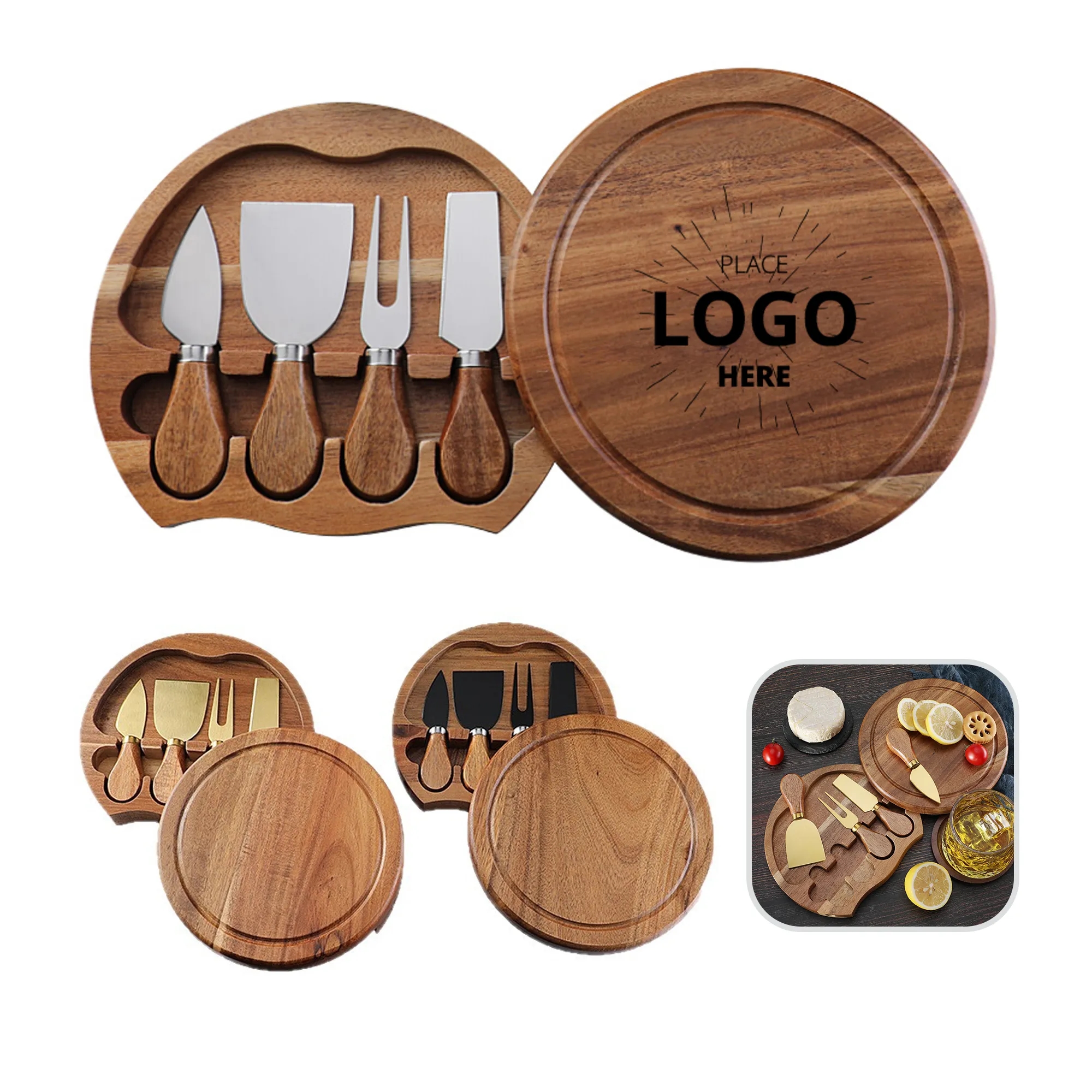 4pcs Round Oak Cheese Box Stainless Steel Knife Spatula Set 3