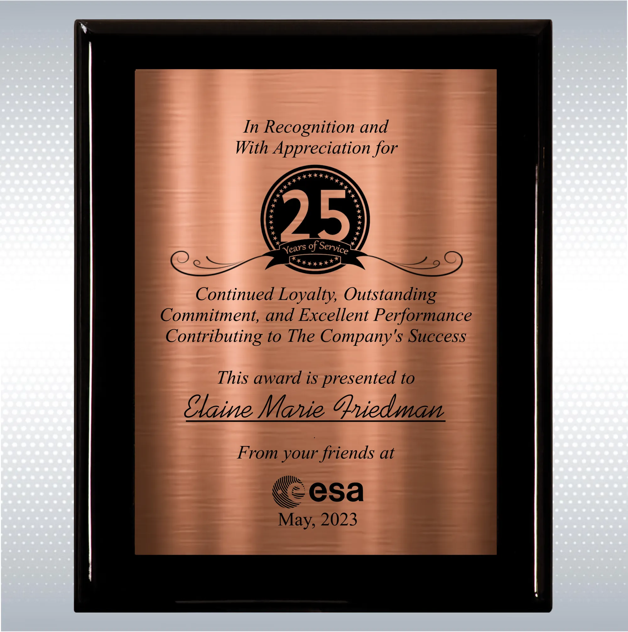Black Piano Finish Wood Plaque Personalized Years of Service 18