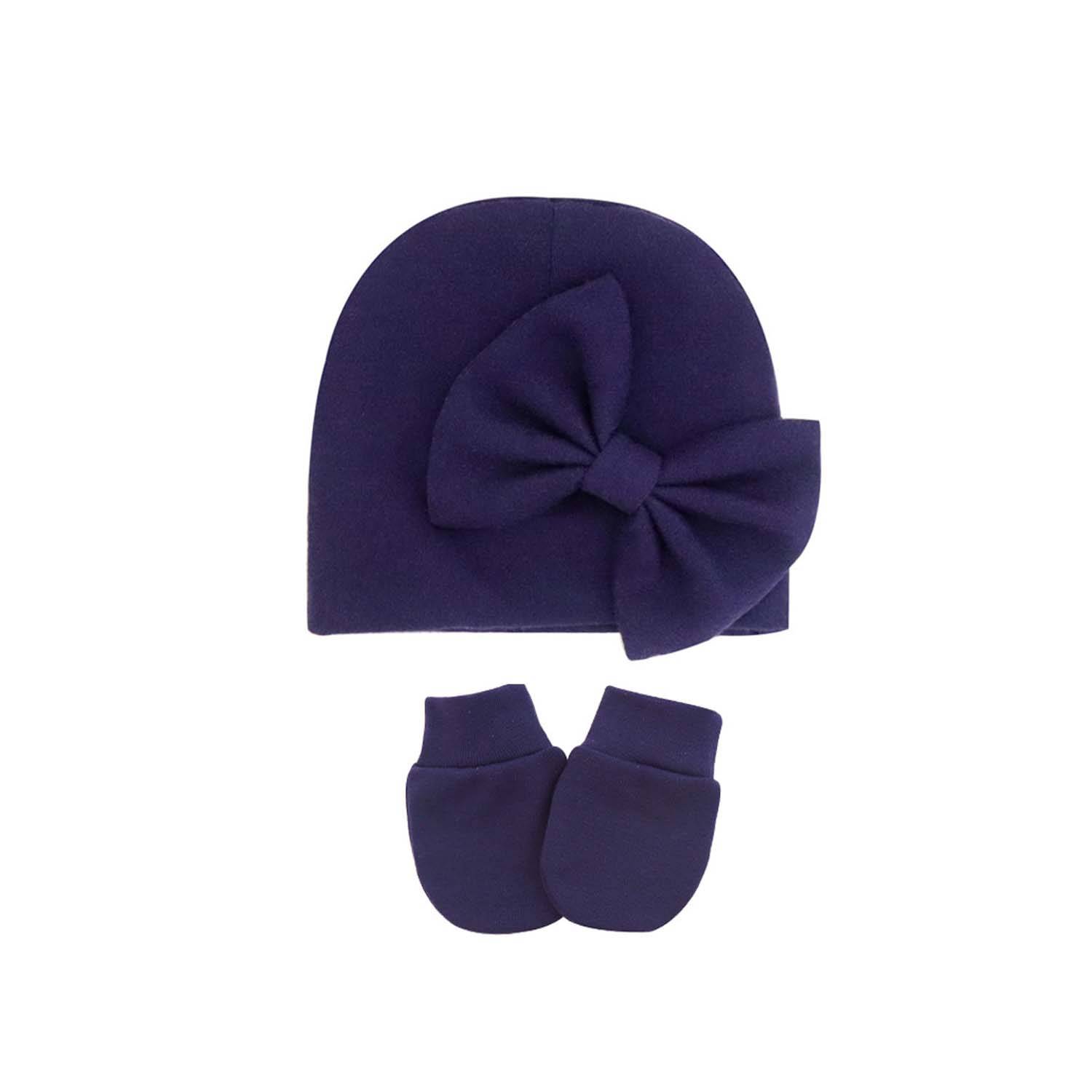 0-6 Months Solid Color Anti Scratch Gloves Bow Baby Hat 2