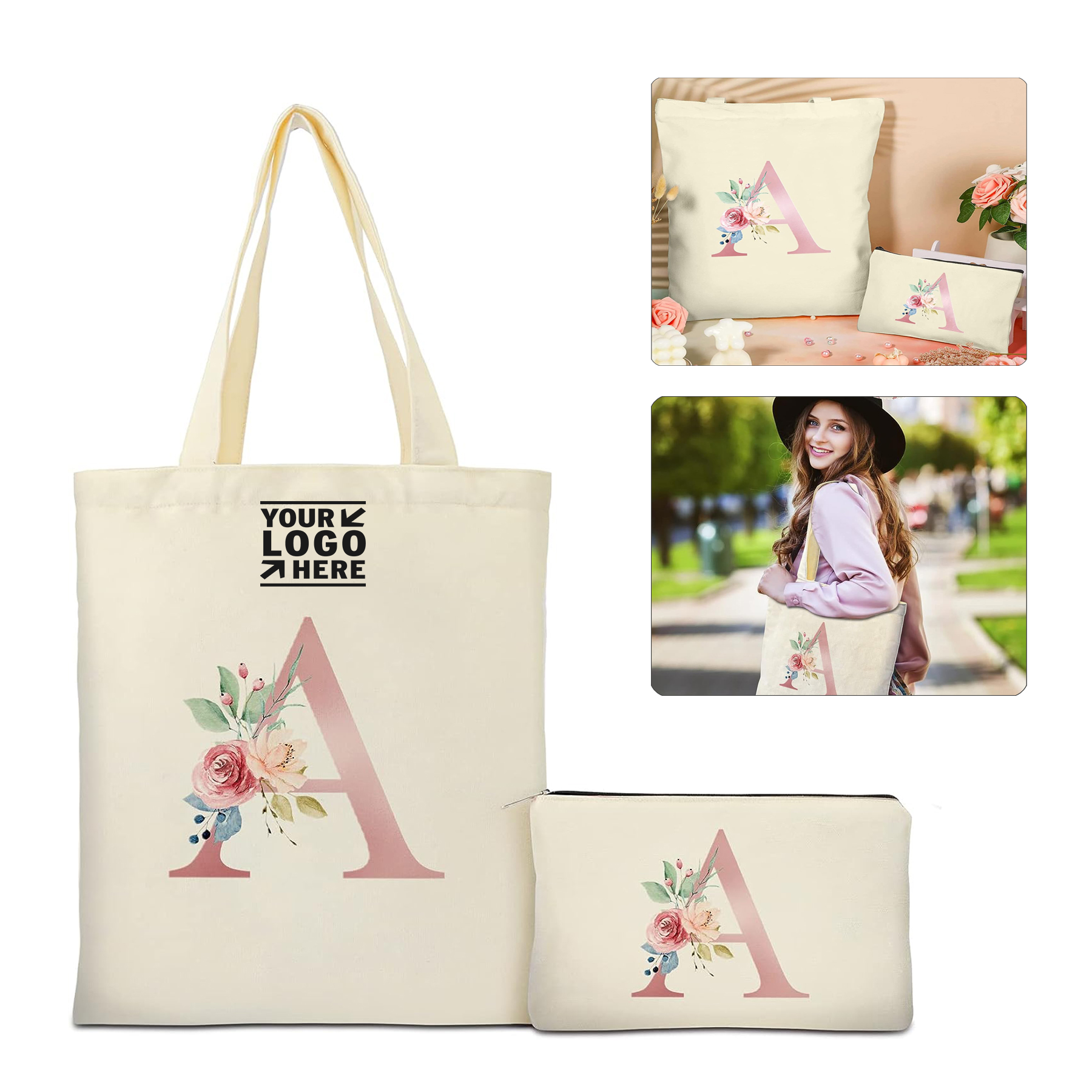 Wedding Birthday Gift Canvas Personalized Tote And  Cosmetic Makeup Bag with Zipper Pocket  1