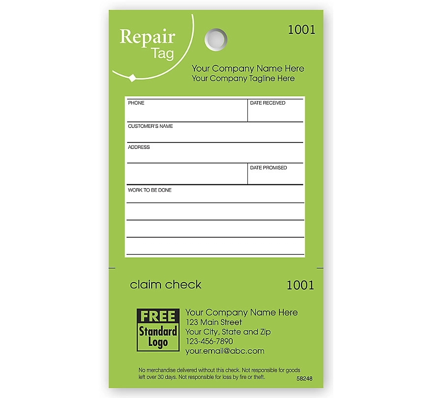 Repair Tag In Green W/White Fill-In Space 3.125 X 5.5 2