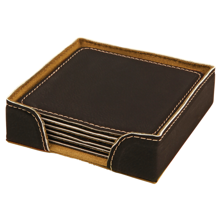 4" x 4" Black/Gold Square Leatherette 6-Coaster Set 4