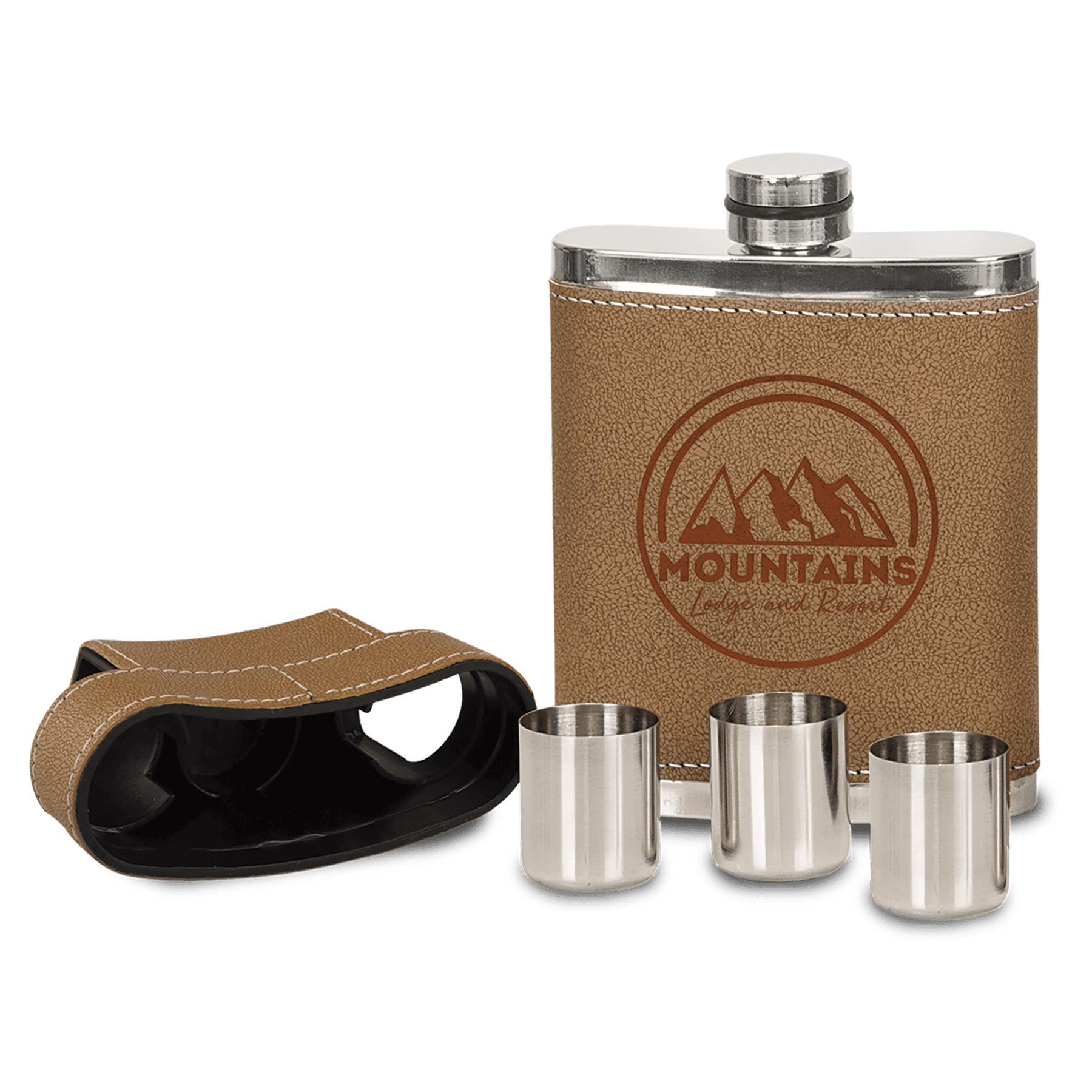 7 oz. Leather Flask with Lid & 3 Shot Glasses 2