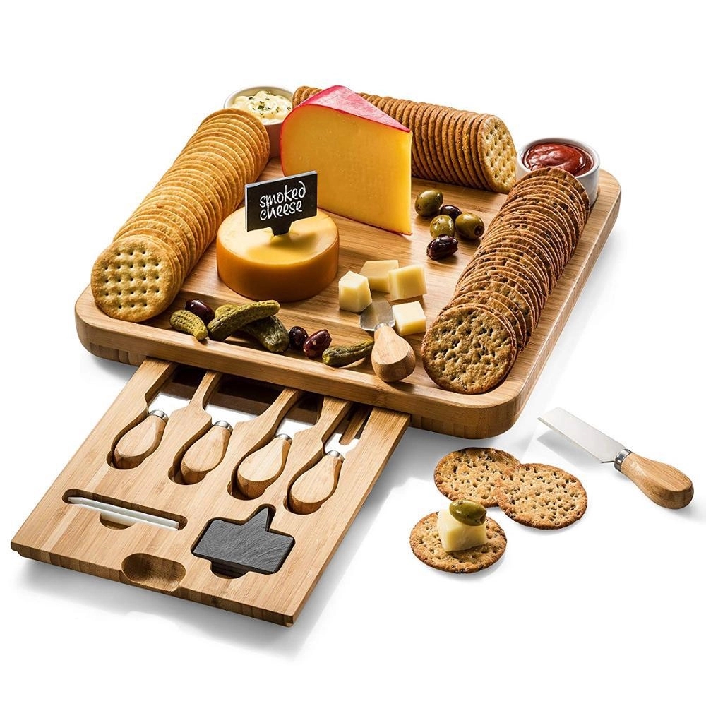Bamboo Cheese Board& Cutlery Set With Slide-Out Drawer 3
