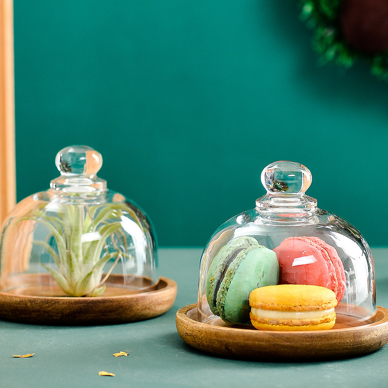 4" Glass Dome Cheese Cake Cover Display w/ Wooden Base Tray 4