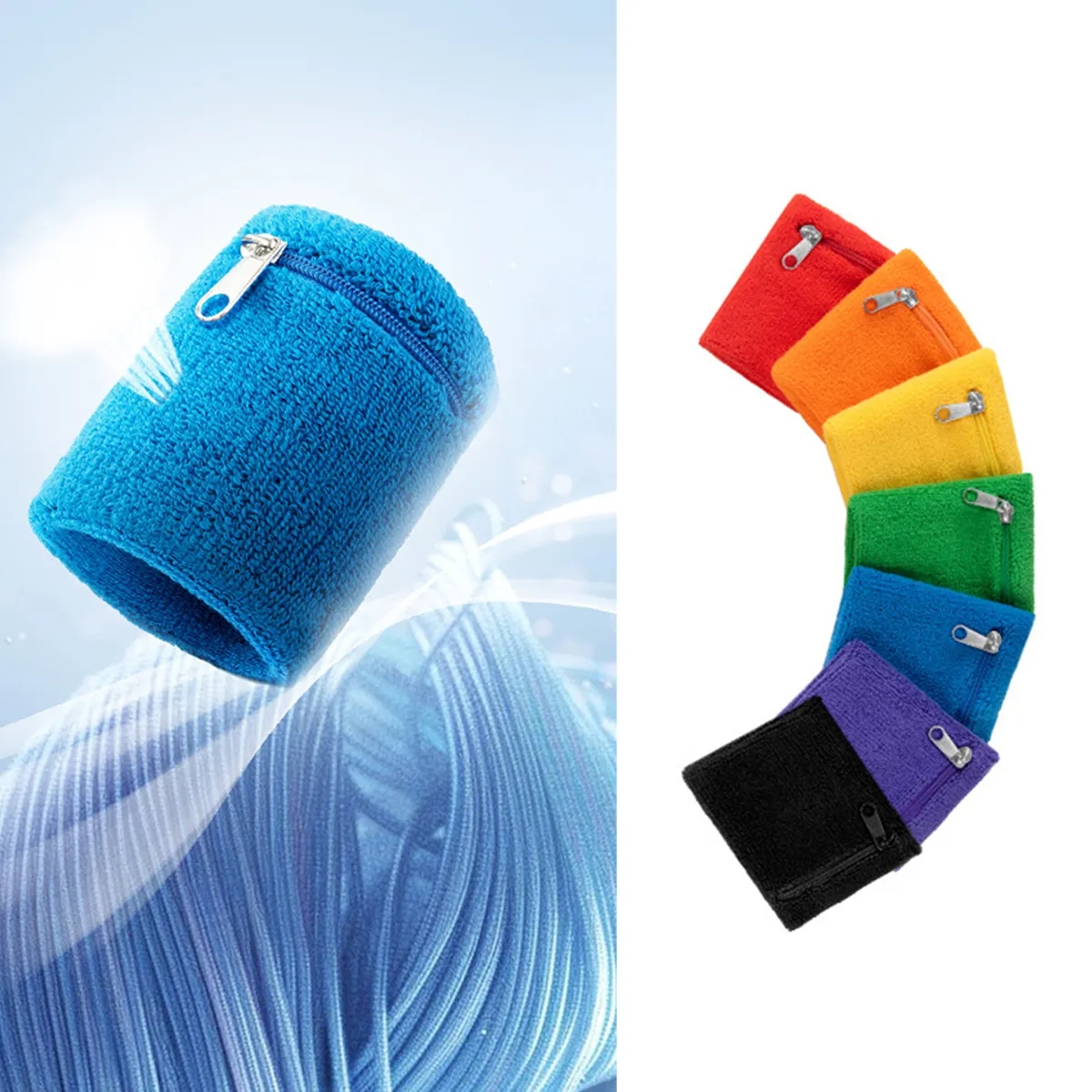 Cotton Sweatband Sport Elastic Wristband With Zipper Pocket 3