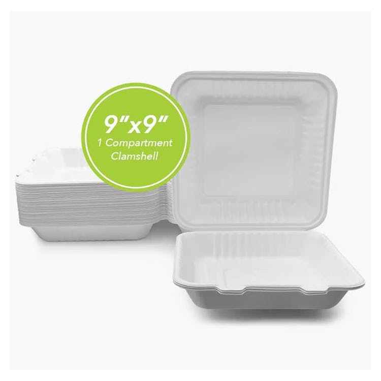 Three Leaf 9"x9" 1 Compartment Bagasse Clamshell 100 Pack 1