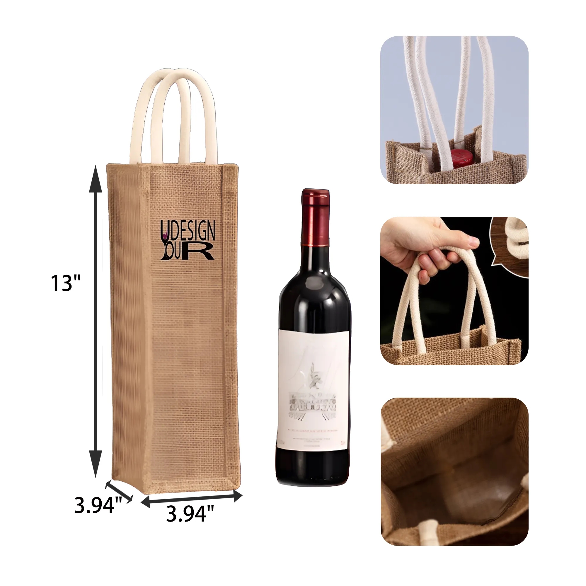 MOQ 50 PCS Jute Single Bottle Wine Tote Bag, custom tote bag with logo imprint 2