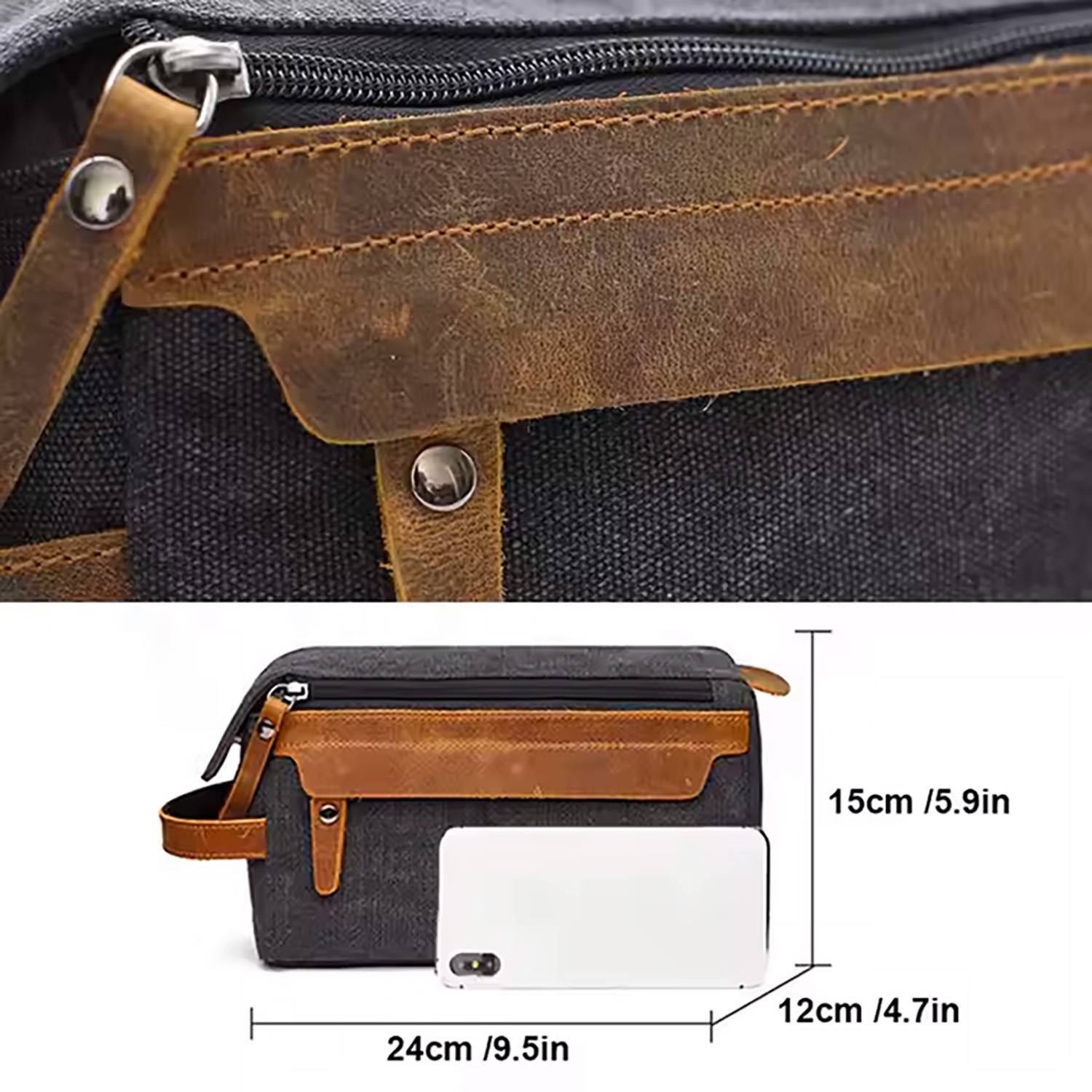 Crazy Horse Leather Canvas Travel Cosmetic Bag 11