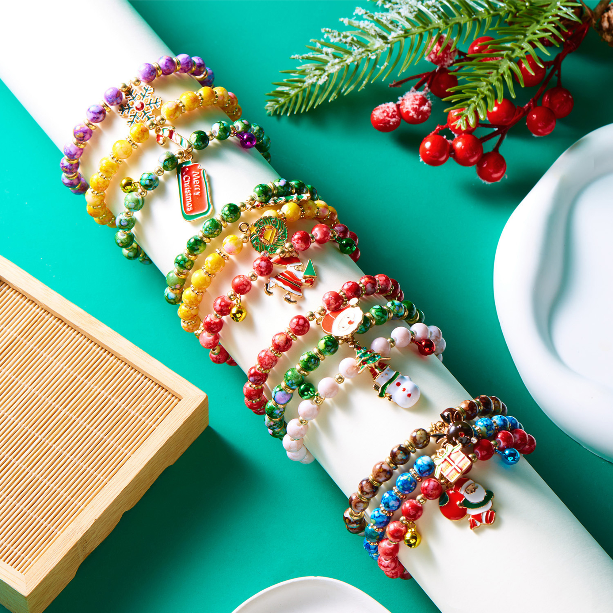 Festive Christmas Beaded Bracelet with Santa and Tree Charms 5