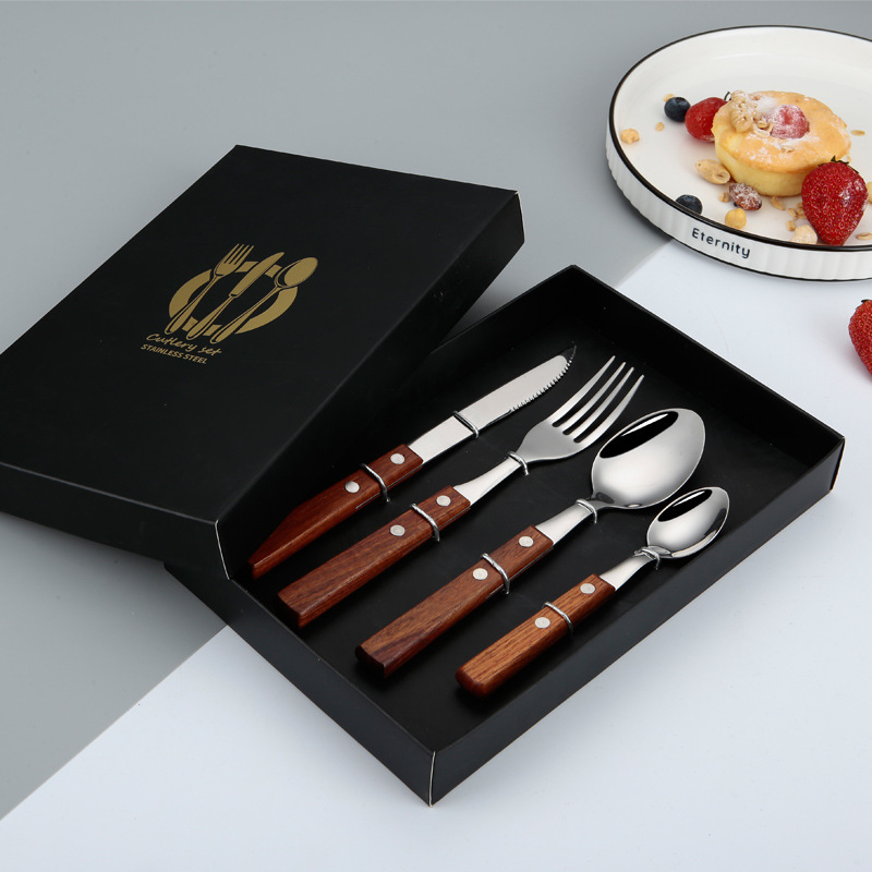 4 pcs Steak Knife Fork Spoon Set Wooden Handle 7