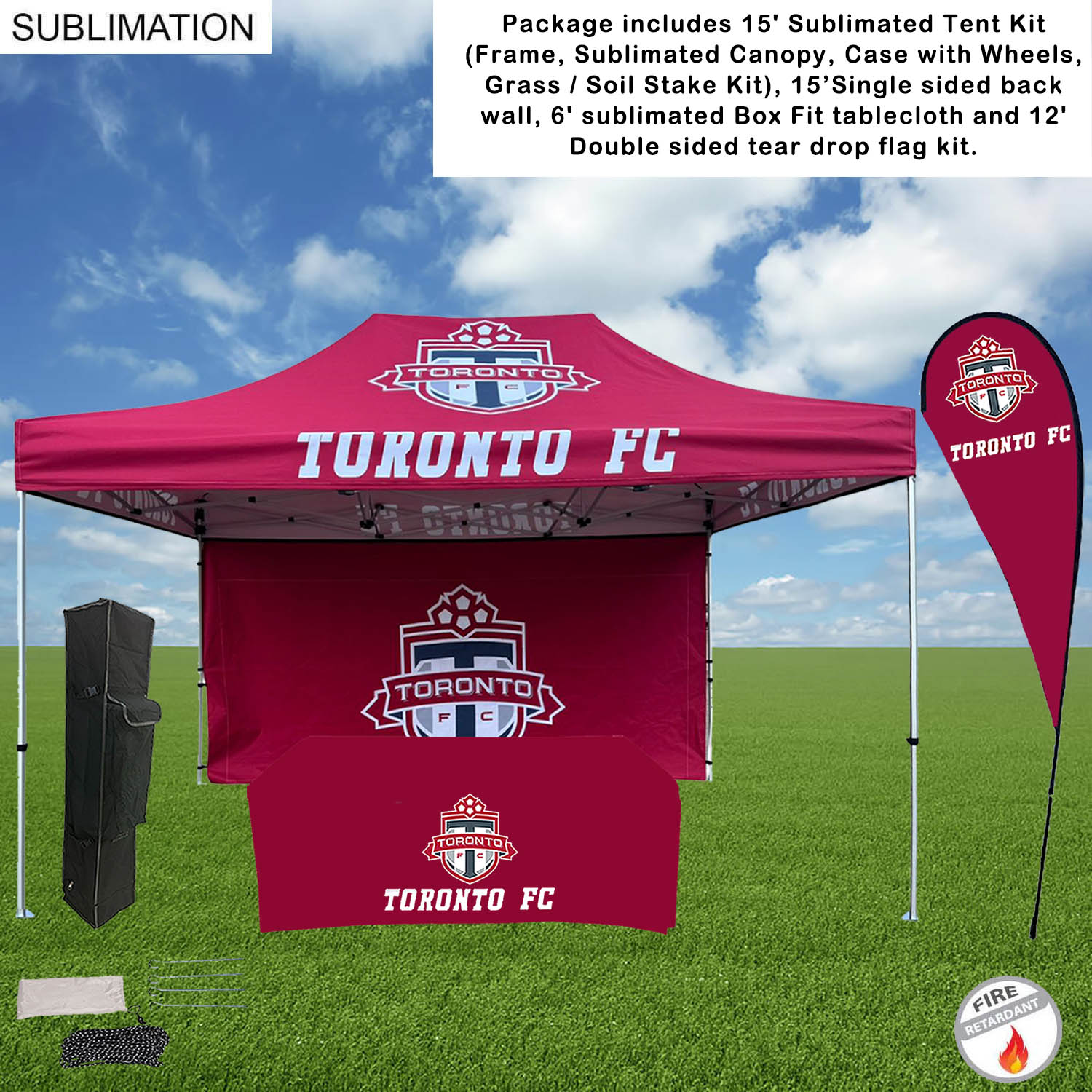 Deluxe Tent Flag Package, 15' Tent kit, 15' Backwall, Box Fit Tablecloth, and Double sided Flag Kit 6