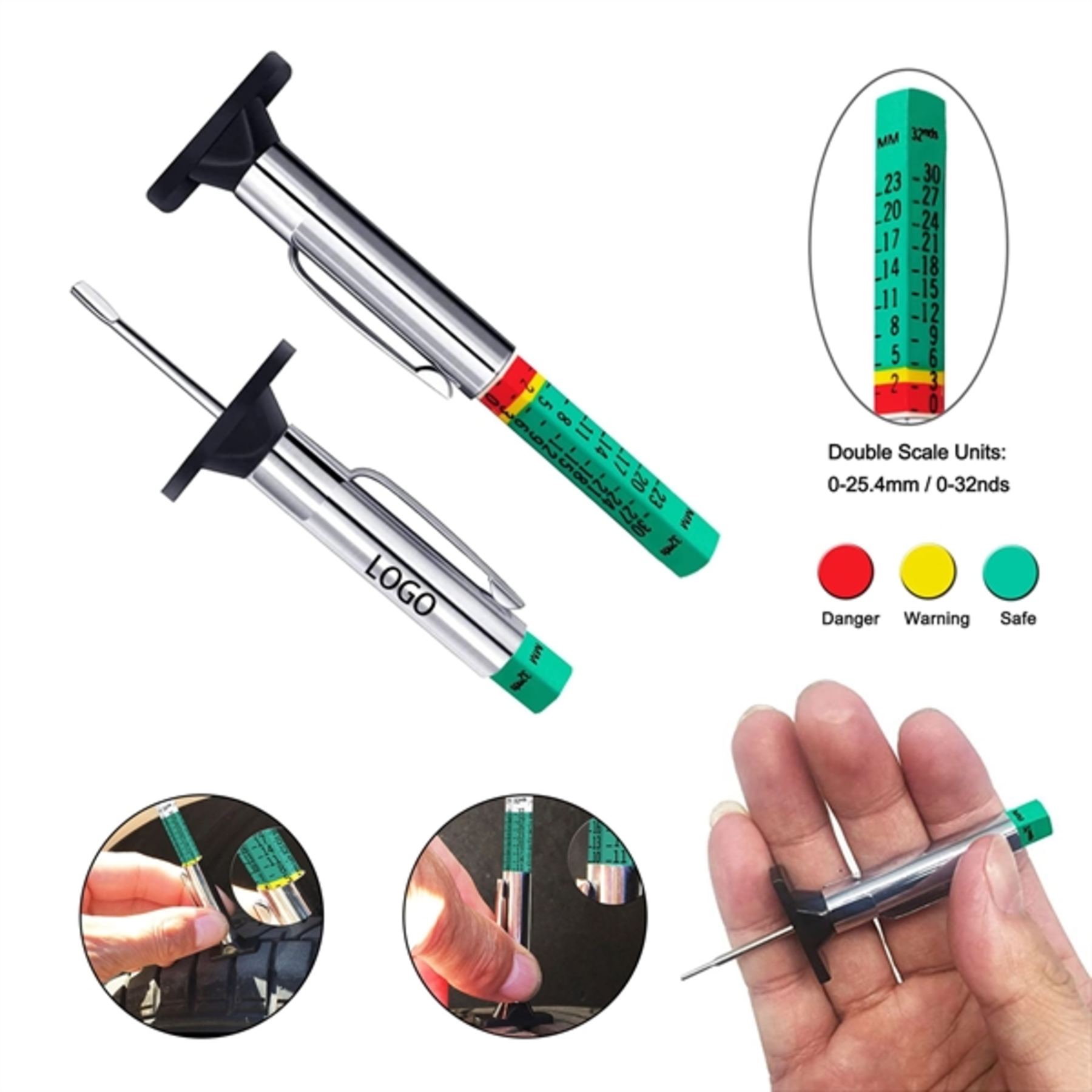 Two-Sided Smart Color Coded Tire Tread Depth Gauge
 1