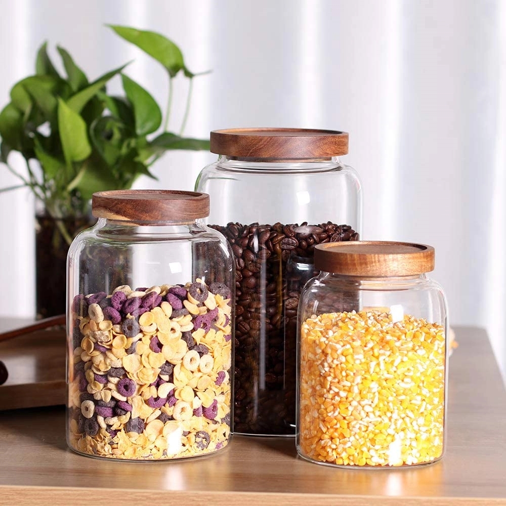 Thicken Glass Storage Jar Food Container With Wooden Lid 6