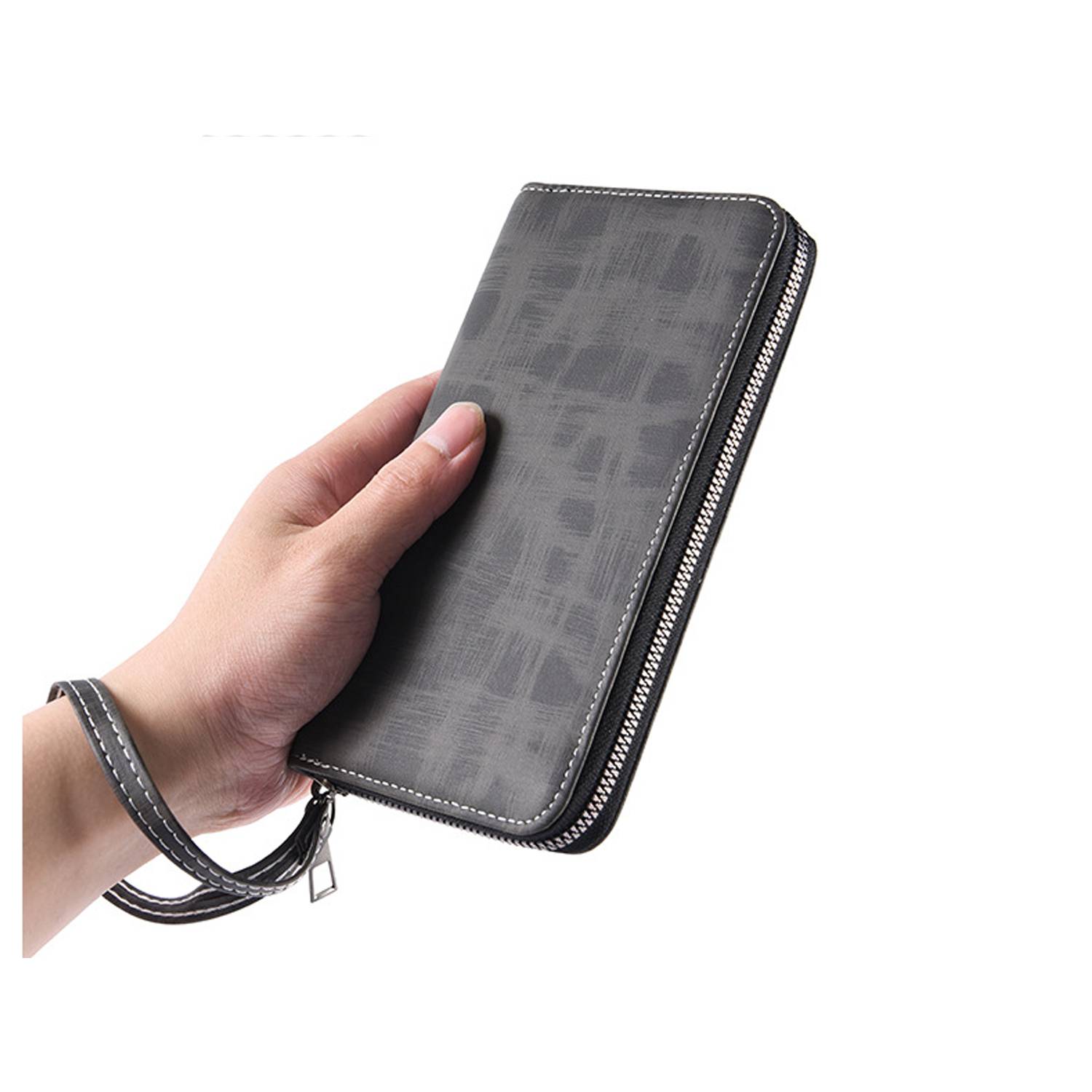 Men Long PU Zipper Wallet w/ Carrying Strap 2