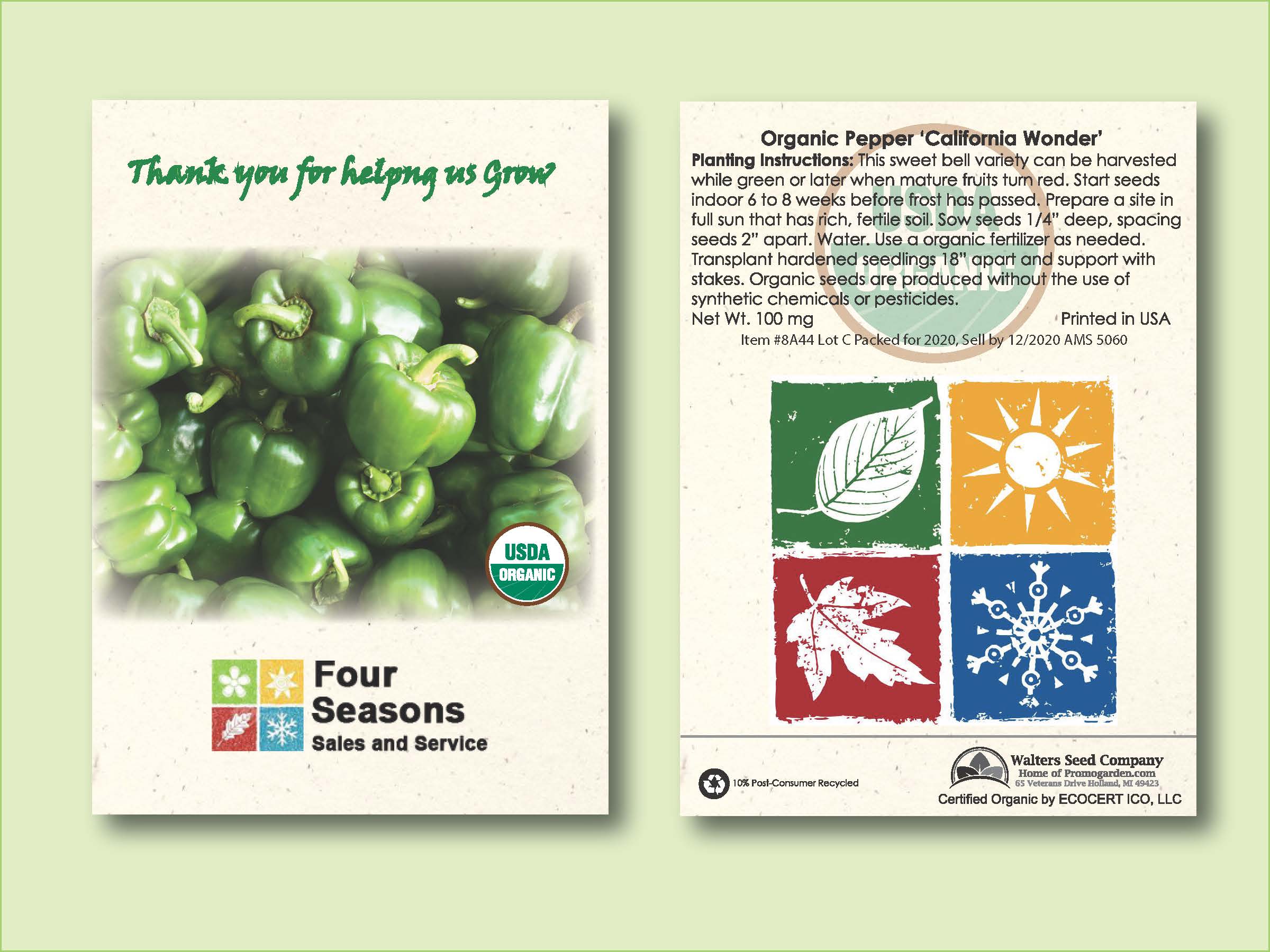 Organic Pepper California Wonder Seed Packet - Standard Size 3.25" x 4.5" 1