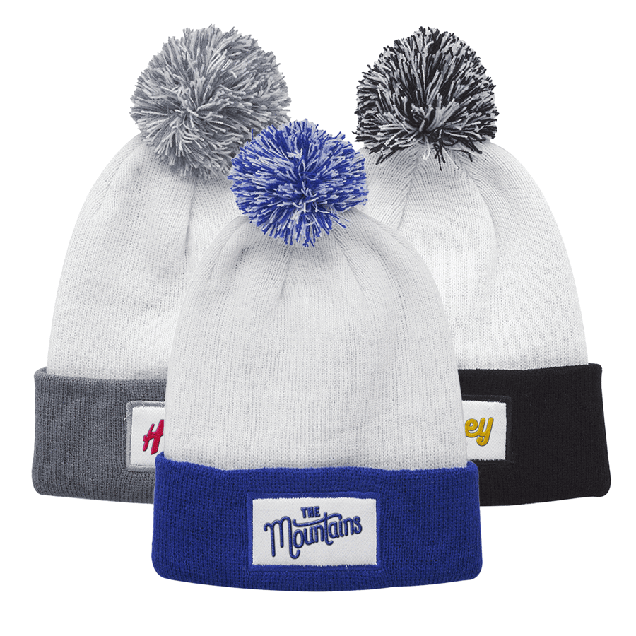 Cuffed Two-Tone Pompom Knit Hat with Patch 2