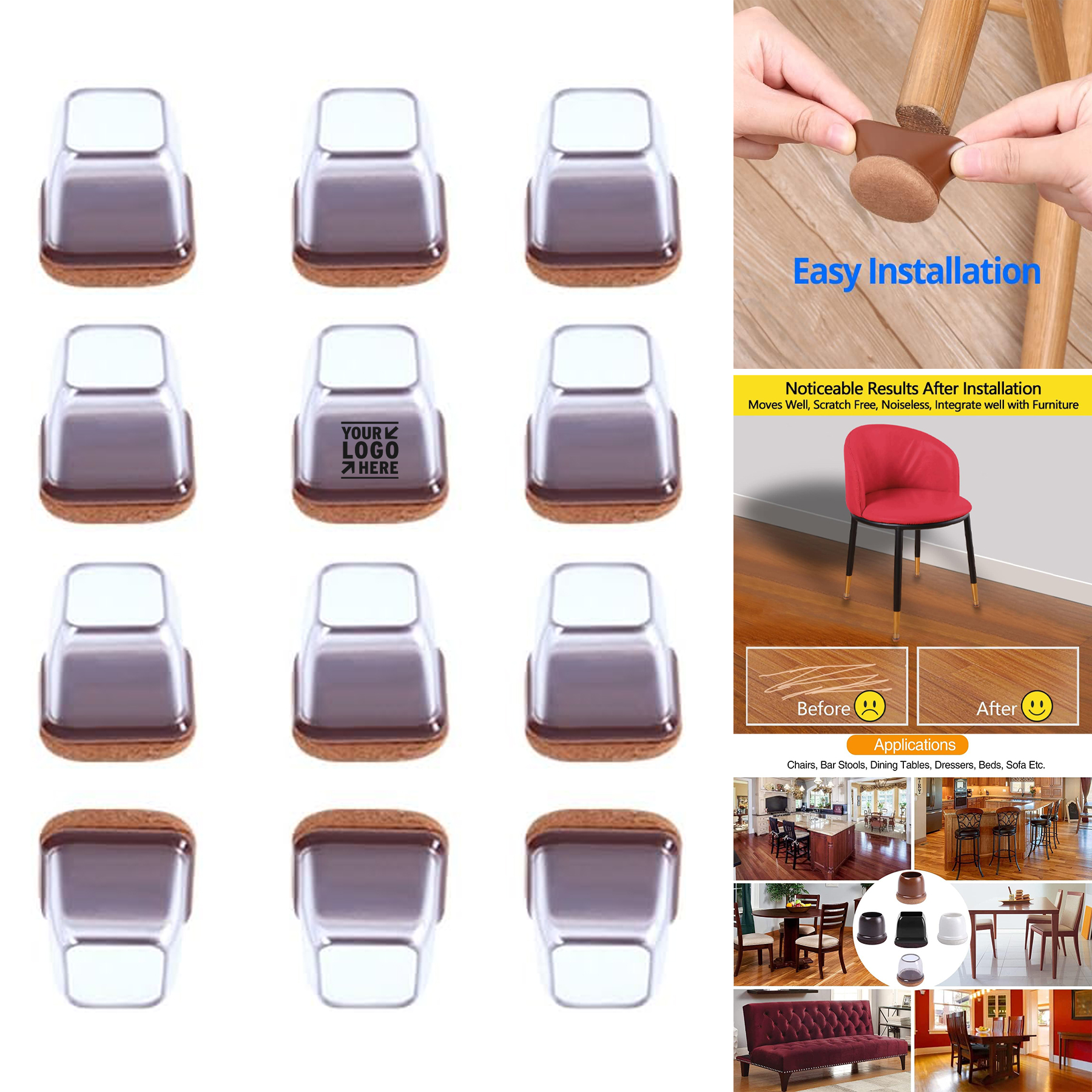 Fit 0.8-1.1'' Furniture Hardwood Floor Protectors Clear Silicone Chair Leg Cap with Felt 2