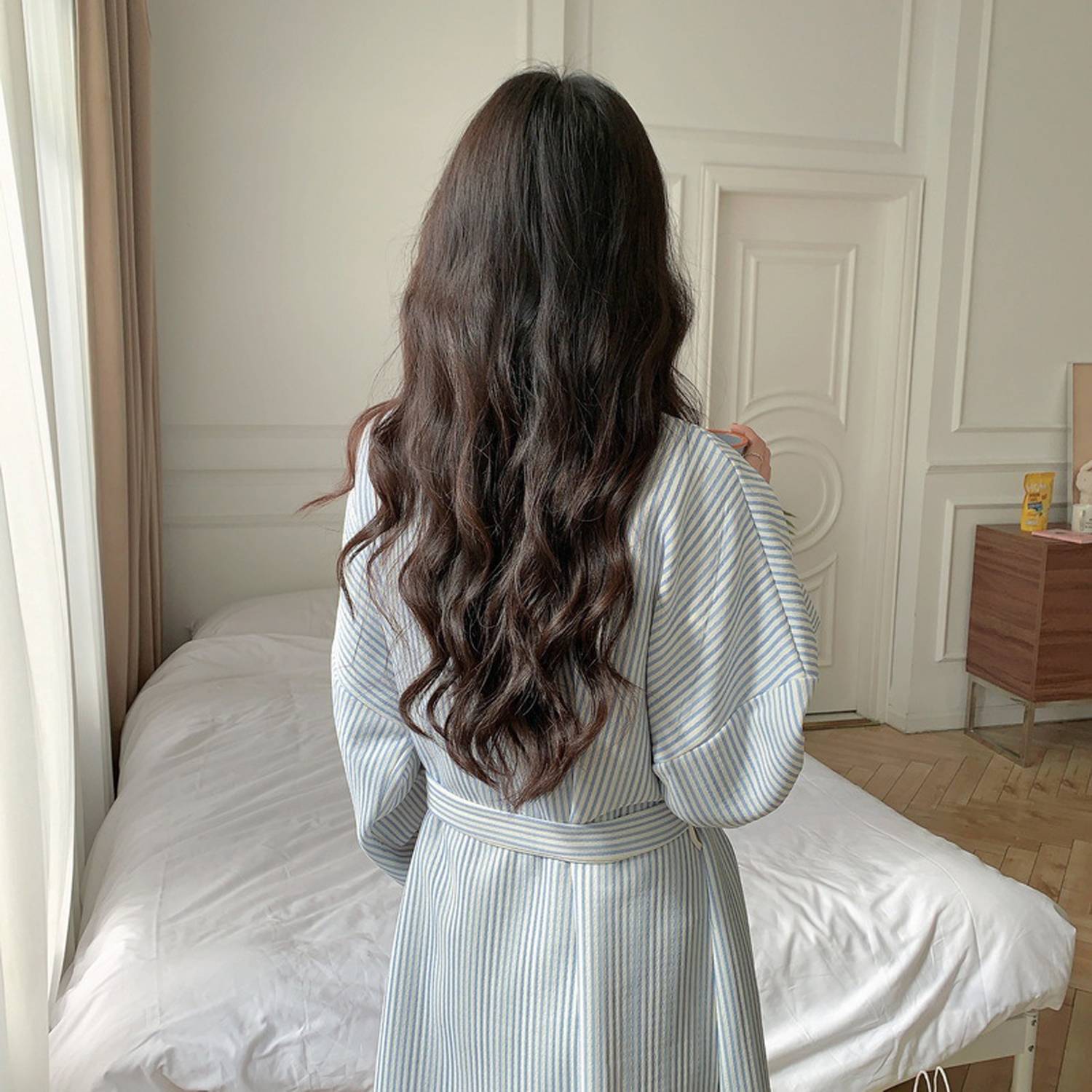 Women Winter Thermal Striped Bathrobe Loungewear 3