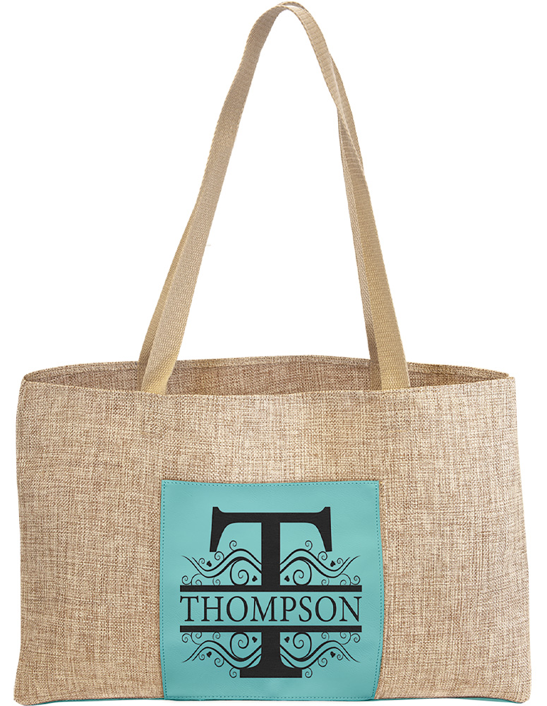 Laserable Teal Leatherette Burlap Gusset Bag 2
