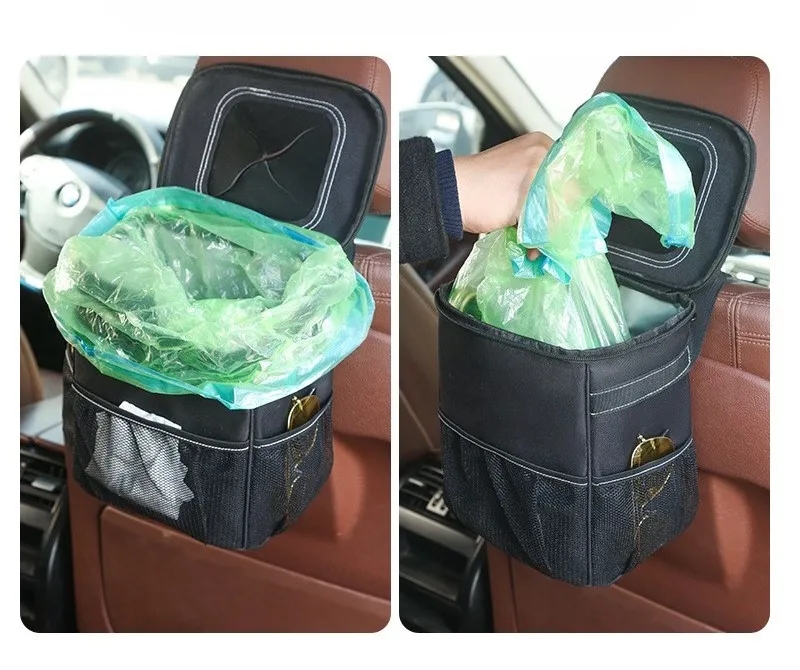 Car Trash Can with Lid and Storage Pockets 1